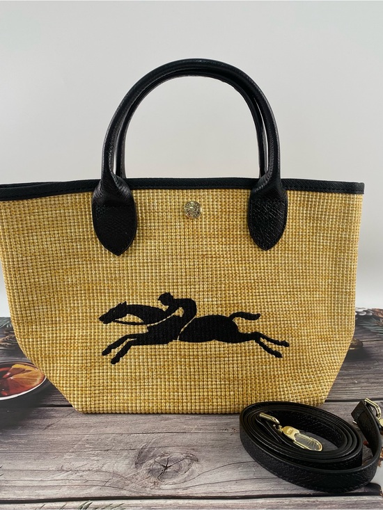 & Other Stories Handbags - Woven Straw Tote with Black Leather Trim and Horse Motif